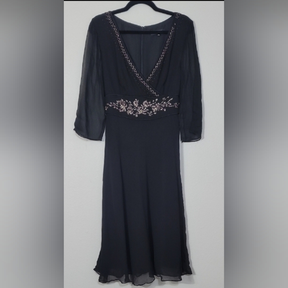 Y2K Adrianna 100% Silk Midi Dress Size 14 Black Sheer Sleeves Beaded Belted Tie